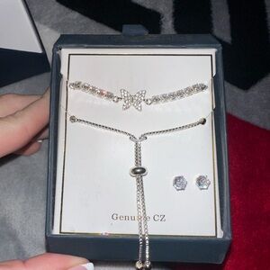 Sterling-Tone CZ Butterfly Bracelet and Necklace Set in Silver